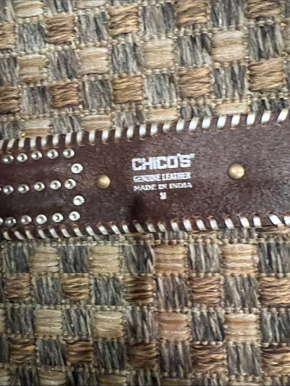 Chico's Brown Leather Studded Belt with Yellow-Gold Accents